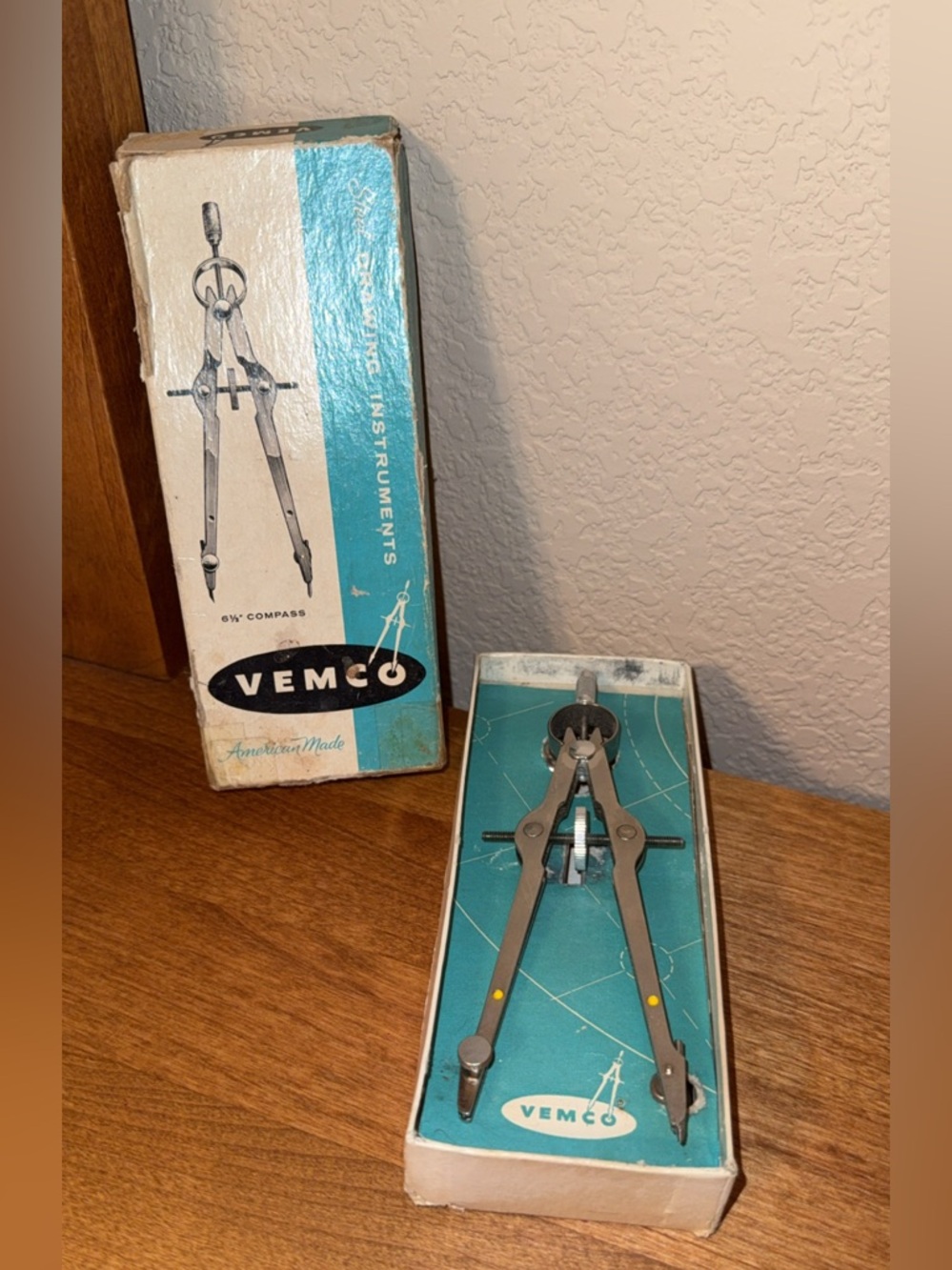 Vintage Vemco Steel Compass Drawing 6.5" Instrument Original Box & Extra Points